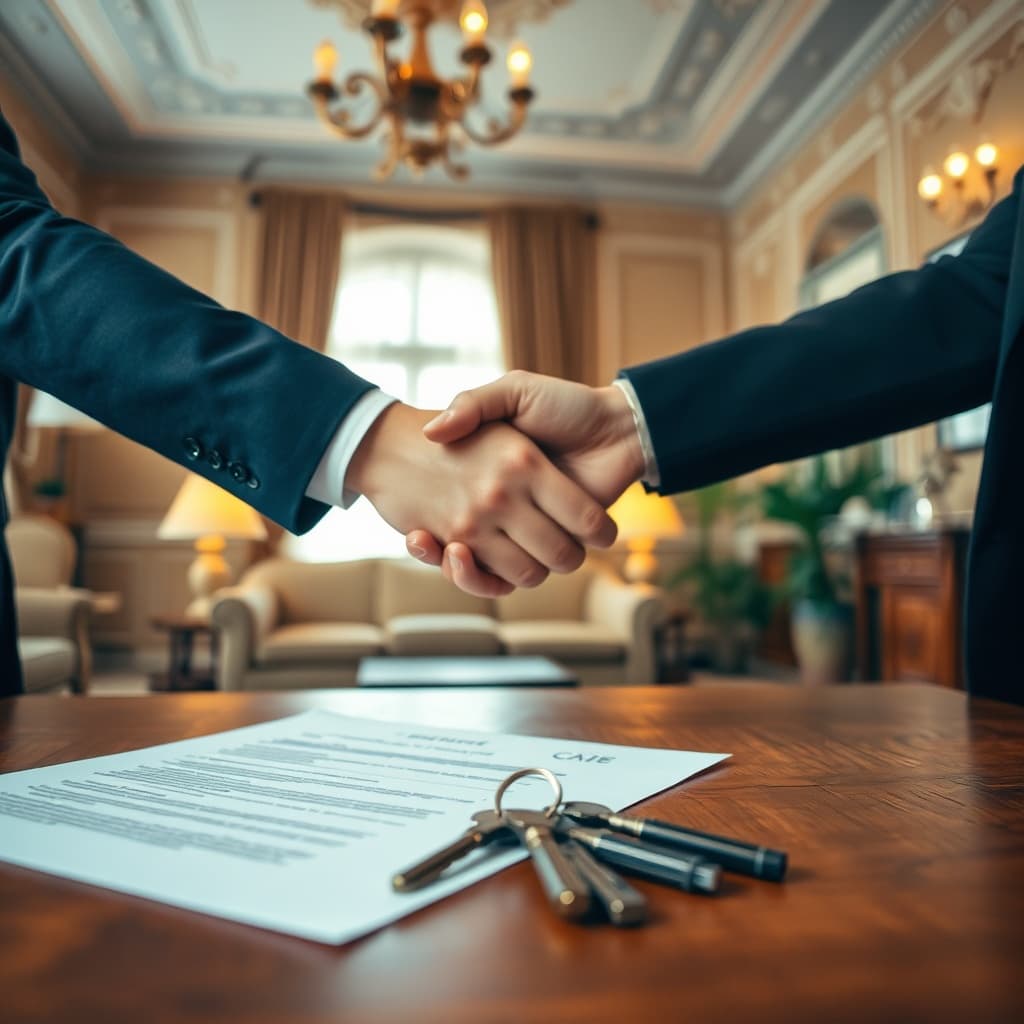 Handshake between tenant and landlord during a Cairo apartment rental agreement, with contract and keys on the table in a classic apartment