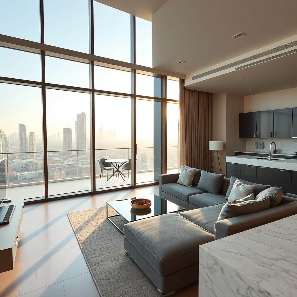 Modern furnished apartment in a Heliopolis tower with city views, showing the premium end of the average rent for furnished apartments in Heliopolis