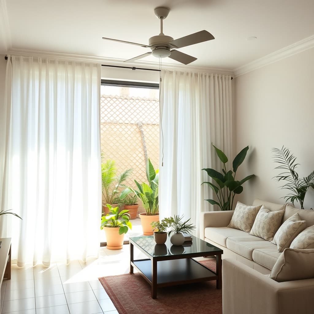 Cairo rental cooling tips demonstrated with natural cooling methods like mashrabiya shading, indoor plants, and a ceiling fan in a sunny rental living room