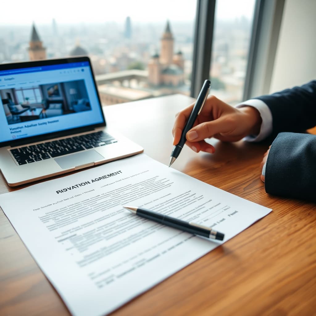 Hands signing a rental contract with a laptop showing a Cairo apartment listing, representing the agreement stage of the Cairo vacation rental process.