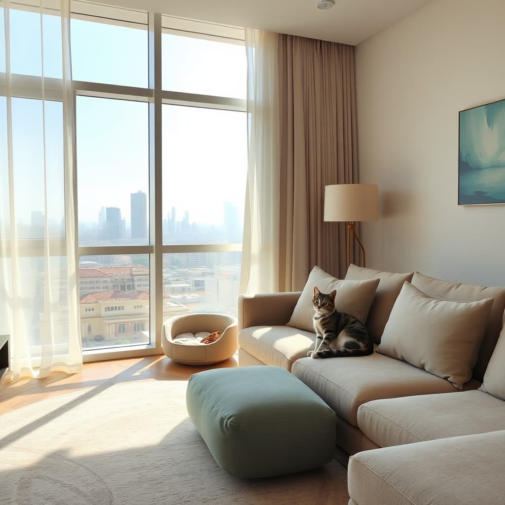 Interior of a pet-friendly apartment in Cairo with a cat relaxing by the window, showcasing pet friendly housing Cairo options that welcome cats and small pets