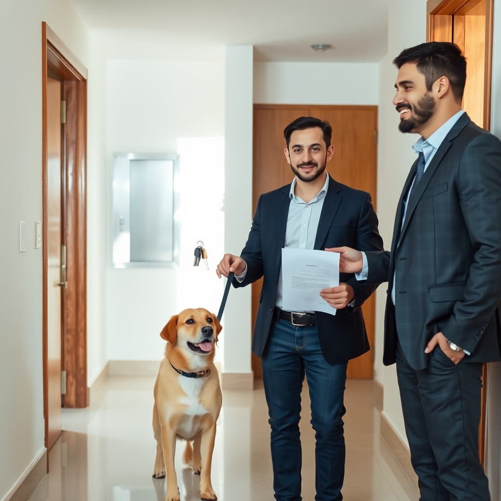 Landlord handing keys to a tenant with his dog in a pet friendly apartment in Cairo, symbolizing a successful lease agreement