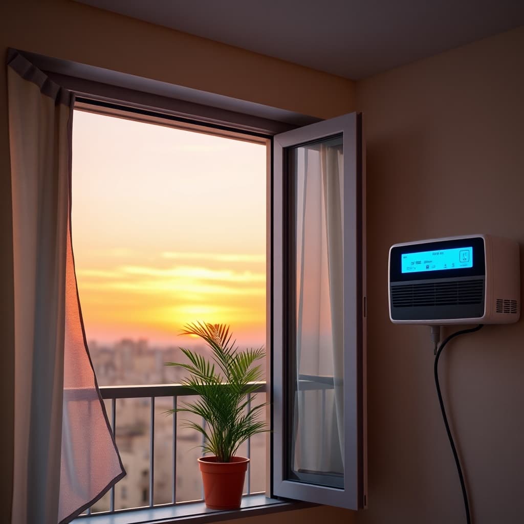 Cairo rental cooling tips illustrated by a modern apartment balcony with a sleek variable‑speed air conditioner, palm tree, and sunset lighting showing energy‑efficient cooling in a rental home