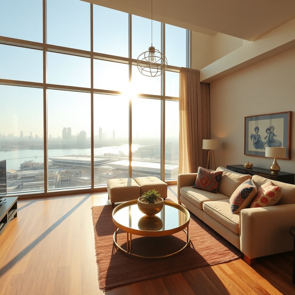 Sunlit living room with Nile view in a short-term rental in Cairo, featuring modern furnishings and Egyptian décor in the Zamalek district