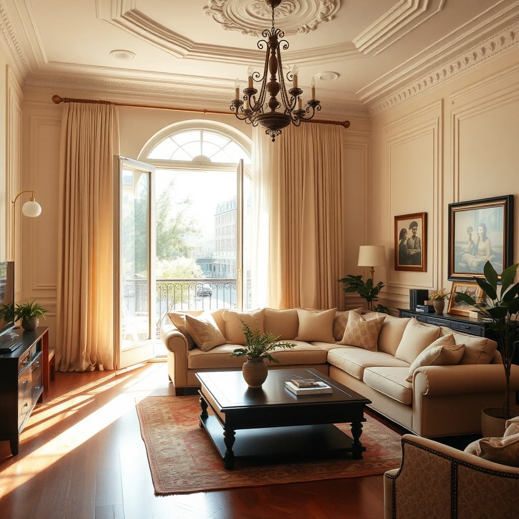 Bright furnished living room in a classic Heliopolis apartment, illustrating the average rent for furnished apartments in Heliopolis with high ceilings and balcony views