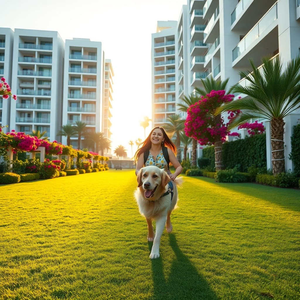 Happy woman walking her dog in a lush green park within a modern New Cairo compound, highlighting pet friendly housing Cairo amenities and outdoor spaces for pets