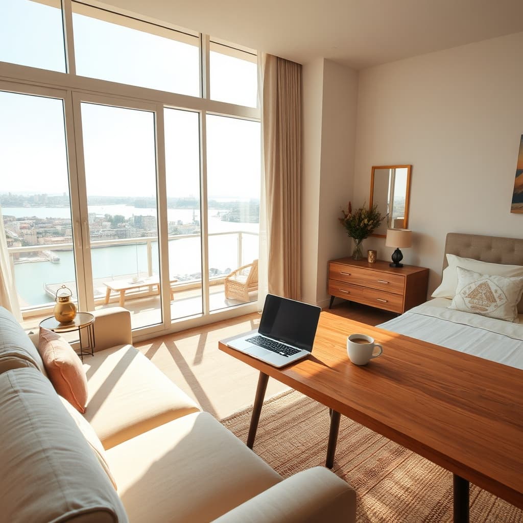 Bright furnished studio apartment in Zamalek, Cairo, ideal for digital nomad housing, featuring a dedicated workspace, Nile view, and warm modern decor for remote work