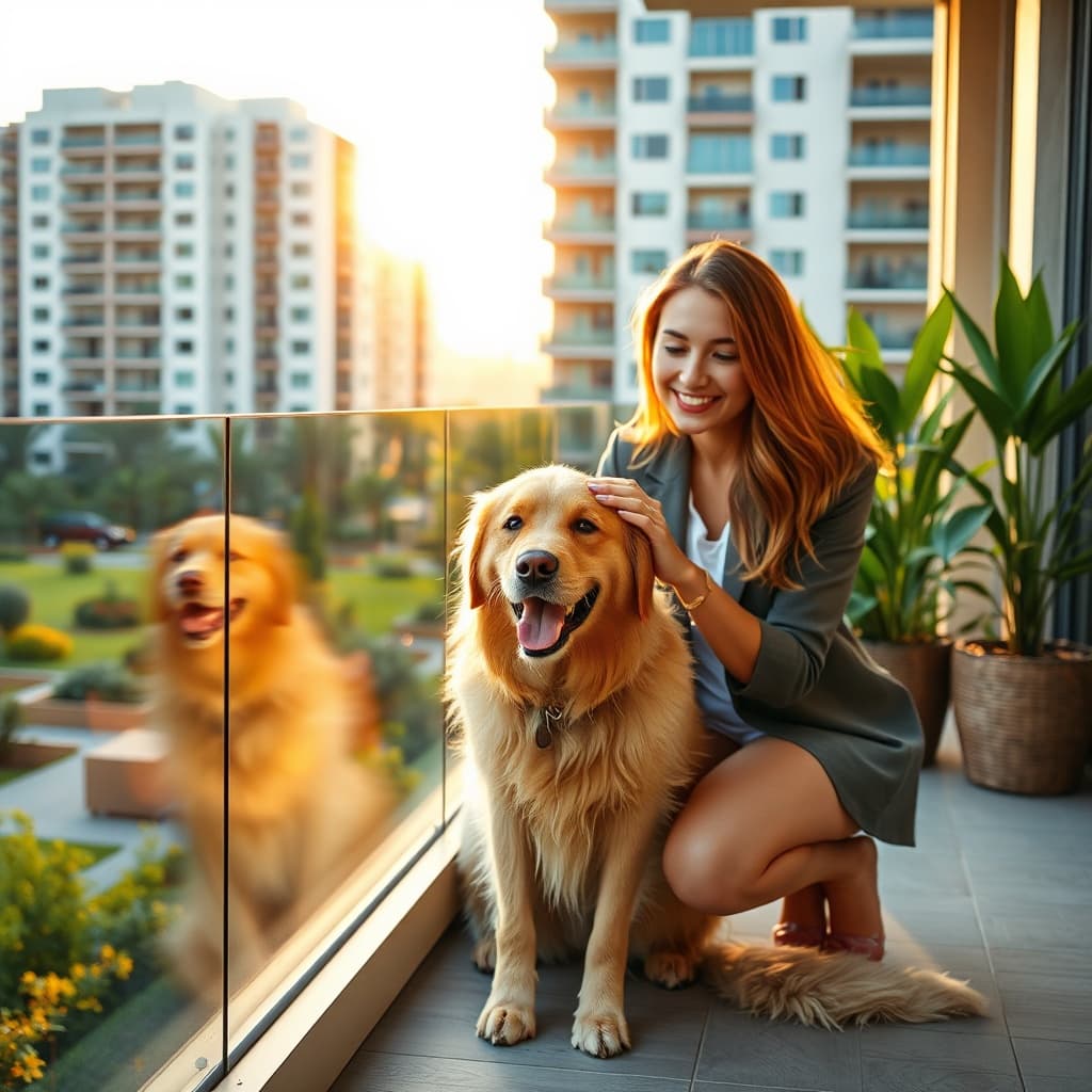 A happy golden retriever and its owner on a sunlit balcony in a modern New Cairo compound, illustrating the availability of pet-friendly rentals in Cairo for discerning tenants.