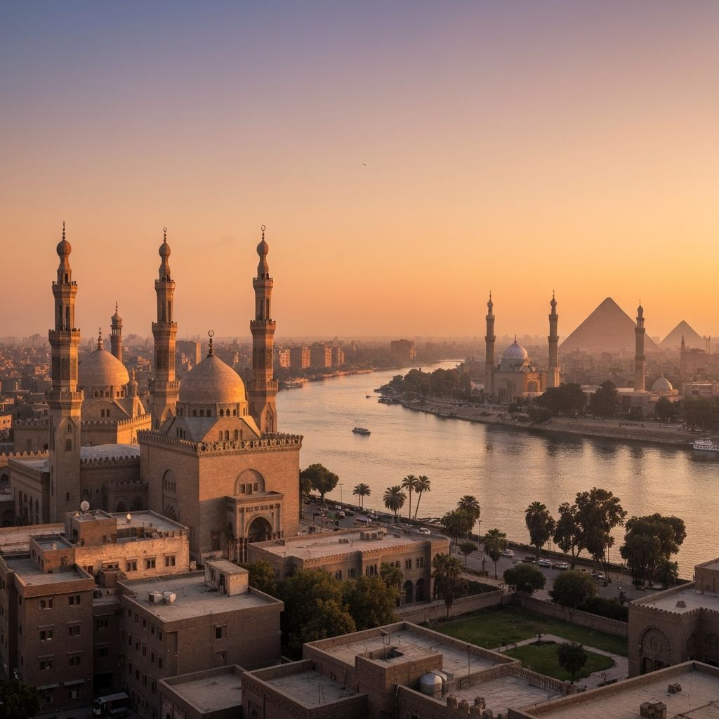 Cairo Nile River skyline at sunset